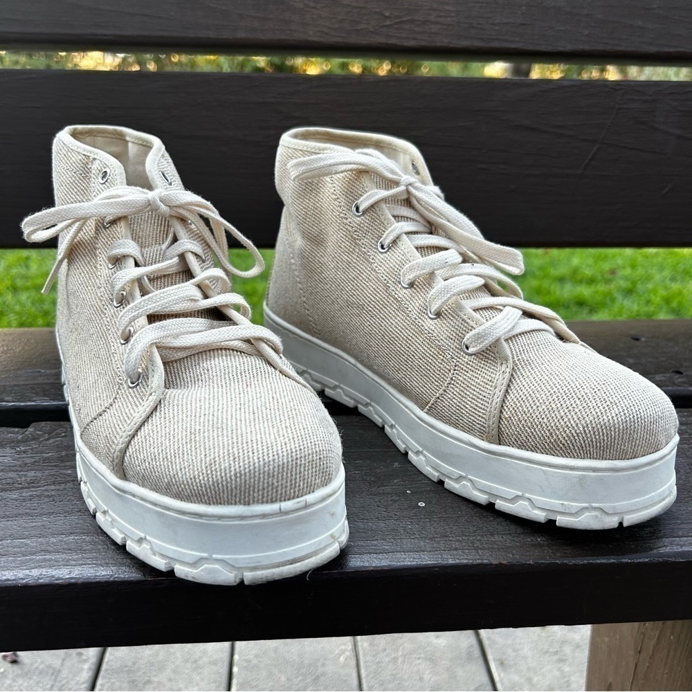 Zara‎ natural ivory canvas lace up platform ankle sneakers